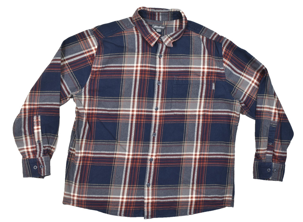 Eddie Bauer Men XXL Blue Plaid Flannel Long Sleeve Button Down Shirt 100% Cotton